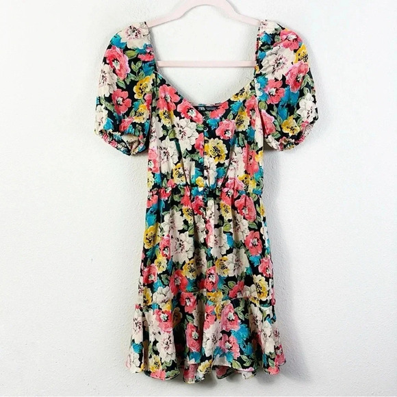 Zara Floral Mini Dress Silk Satin Feel V-Neck Puff Sleeves Button Accents SZ XS - Picture 1 of 9